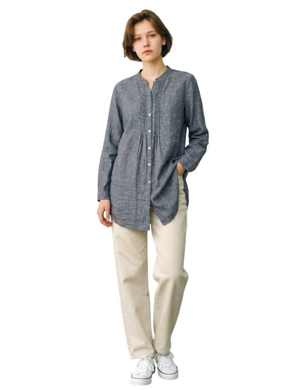 J Jill Shirt Womens XS Petite Gray Linen Blend Tunic Top Chic Boho Preppy Office